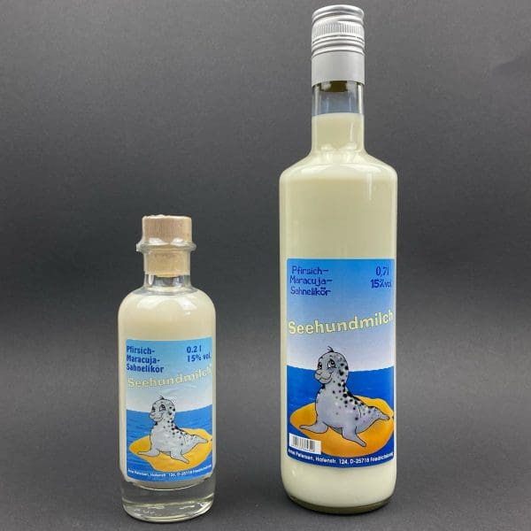 zwei Flaschen Seehundmilch Pfirsich-Maracuja-Sahnelikör, weißer, milchiger Fruchtsahnelikör mit 0,2 l und 0,7 l