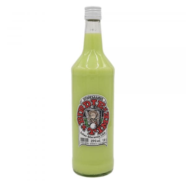 hellgrüne 1-Liter-Flasche mit Sahne-Maracuja-Likör Birdie Time